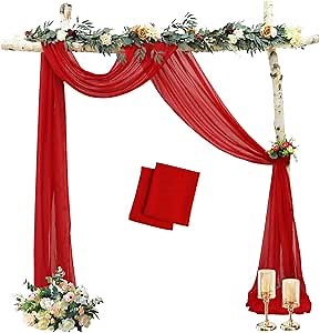 MODFUNS Red Wedding Arch Draping Fabric 18FT 2 Panels Wedding Arch Drapes Sheer Curtain for Backdrop Chiffon Red Curtains Scarf Party Archway Ceiling Drapery Arbor Swag for Arch Decorations