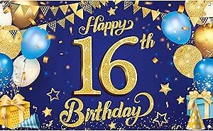KatchOn, XtraLarge Blue and Gold 16th Happy Birthday Banner - 72x44 Inch | Backdrop Banner For 16th Birthday Decorations | Black And Gold Party Decoration