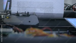 Typewriter robot drawing symbols picture at technology exhibition. Future, art and robotic concept