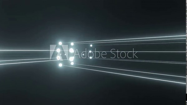 Bright light points and expanding lines forming an abstract digital tunnel moving through a dark virtual space at night.