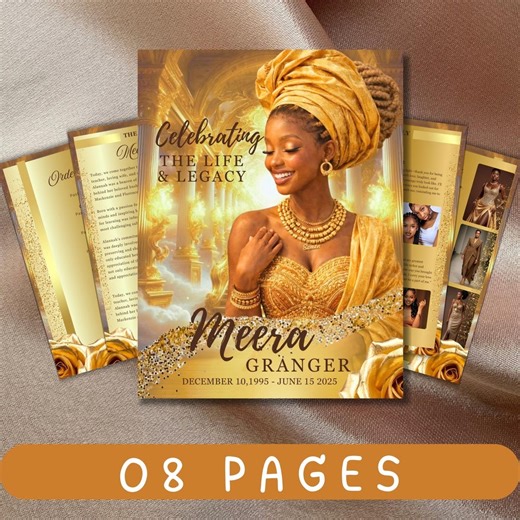 Funeral Program Template for Women | Yellow Roses Gold Celebration of Life (canva) - Etsy