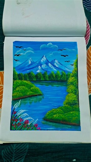 Realistic mountain and water scenery painting by watercolor #scenerypainting #natureart