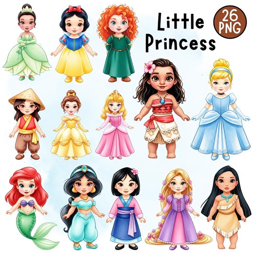 Princess PNG, Fairytale Princess Clipart, Cinderella, Elsa, Ariel, Jasmine, Tiana, Rapunzel, Moana, Princess Baby Shower, Princess Birthday - Etsy