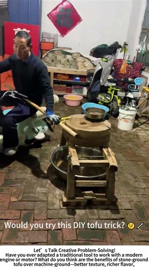 Motorcycle‑Powered Stone Mill – Grinding Tofu the Ingenious Way! 🏍️