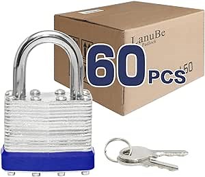 LanuBe Lock Laminated keyed Padlock (1-9/16", 40mm), keyed Alike Locks, Normal Shackle,Marked Blue Plastic Hoop, Pack of 60…