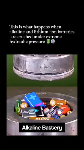 @smartfactdaily on Instagram: "Crushing alkaline and lithium-ion batteries under hydraulic pressure is highly dangerous. The extreme force can rupture the casing, releasing toxic substances and highly flammable electrolytes into the environment.⁠ In lithium-ion batteries, this pressure can cause internal short circuits, sparks, fires, or even explosions, making them far more volatile than standard alkaline cells.⁠ Alkaline batteries, while less explosive, can leak corrosive potassium hydroxide t
