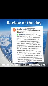 Today’s ‘Review of the Day’ is for Garuda Indonesia, a flight from: Sorong to Jakarta. Our regular reviewer described the flight as ‘outstanding’. Have you flown Garuda Indonesia recently? How was your experience. Submit your own review over at: airlinequality.com or let us know below in the comments. #skytrax #airlinequality #reviewoftheday #inflight #flightexperience | Skytrax