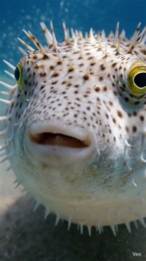 underwater pufferfish resting on the ocean floor, surrounded by soft sand and deep blue water.
