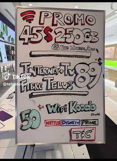 🚨 PROMO INCROYABLE 🚨 📱 45$ = 250GB 🌍 Appels & SMS illimités vers 68 pays 🏠 Internet TV Fibre TELUS seulement 89$ 📶 Wifi Koodo 50$ illimité 🎬 Netflix • Disney • Prime Des forfaits complets, rapides et fiables partout au Canada 🇨🇦 🔥 Les meilleurs deals sont ici ! 📩 Contacte-moi en privé pour plus d’infos ! ⸻ #Telus #Koodo #ForfaitMobile #InternetFibre #dealscanada