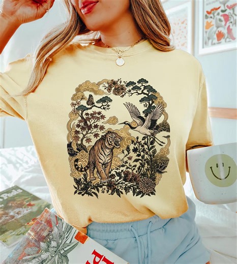 Retro Tiger Crane Linocut T-shirt, Boho Cottagecore Wild Cat Apparel - Etsy