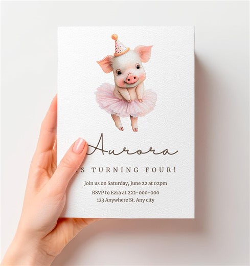 Watercolor Pig Birthday Invitation, Animal Party Template (digital Download) - Etsy