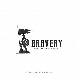 Download Spartan knight with shield and spear silhouette vector, Sparta warrior logo design with movie cinema film reel. Logo concept for business about video production. for free