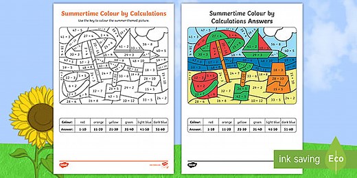 Summer-Themed 1- and 2-Digit Colour by Calculations Worksheet