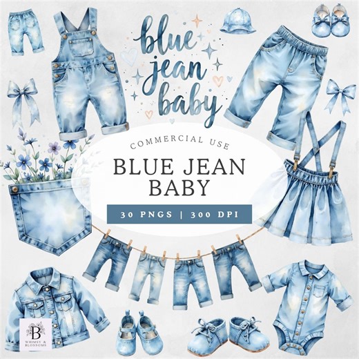 Blue Jean Baby Clipart, Watercolor Denim Baby Clothes, Cute Baby Shower Graphics, PNG for Boys and Girls, Commercial Use - Etsy