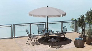 Outsunny 6 Piece Patio Dining Set for 4 with Umbrella, Outdoor Table and Chairs with 4 Folding Dining Chairs & Round Glass Table for Garden, Backyard and Poolside, Gray