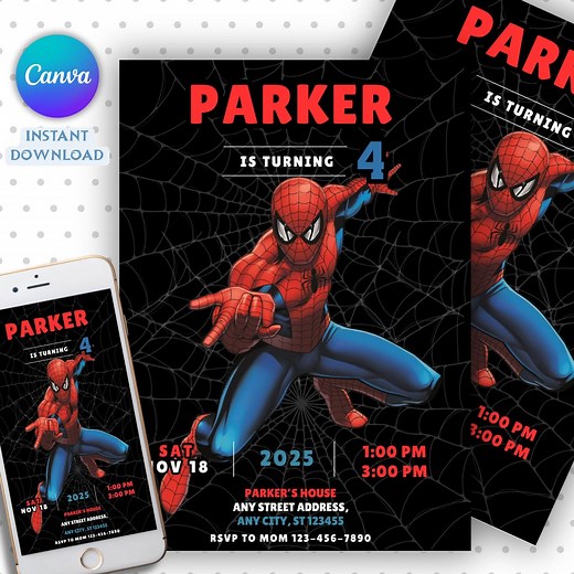 Spider-man Birthday Invitation, Editable & Printable Template, Fun Spider-man Party Invite, Easy Edit in Canva, Instant Download - Etsy