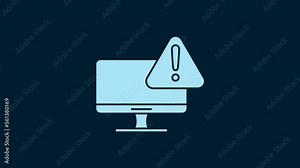 White Computer monitor with exclamation mark icon isolated on blue background. Alert message smartphone notification. 4K Video motion graphic animation