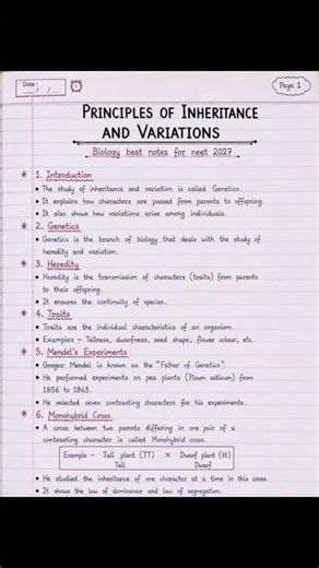 Principles of Inheritance and Variation Notes | Genetics Chapter NEET 2027 Biology Handwritten Notes