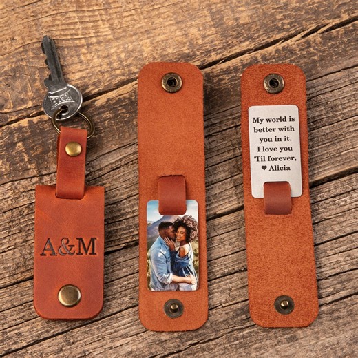 Leather Photo Keychain With Custom Picture | Engraved Text Keepsake | Christmas Gift for Boyfriend - Etsy
