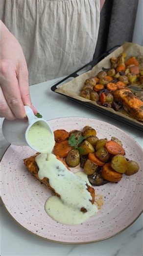 Salmon with Crispy Vegetables and Lemon, Dill & Mustard Sauce #food