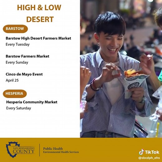 Check out these temporary food facilities (TFF) permitted to operate in San Bernardino County as of April 24. If your TFF needs a permit, please call Environmental Health Services at (800) 442- 2283 or visit our website. #InlandEmpire #FoodSafety #PublicHealth #sbcountyehs