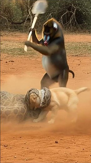 Baboon Battles Python to Save Helpless Puppy #wildliferescue #animalsrescue #shorts