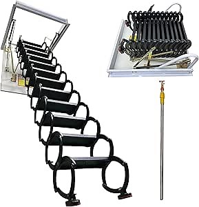 TECHTONGDA Heavy-Duty Retractable Attic Loft Ladder, 12-Step Folding & Pull-Down Staircase, 9.84ft Folding Stairs, 660lbs Capacity, 31.5'' x 35.4'', Ideal for Garage Attics, Storage Rooms, Pure Black