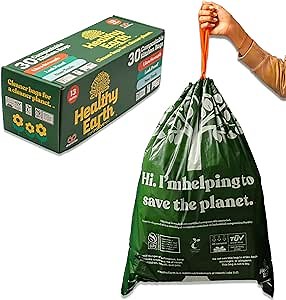 Healthy Earth 13 Gallon Compostable Drawstring Trash Bags, 1.13 Mil Extra Thick Tall Kitchen Liners (49.2 L), Heavy Duty Leak-Proof Food Scrap Bags, BPI & TÜV OK Compost Certified, 30 Count