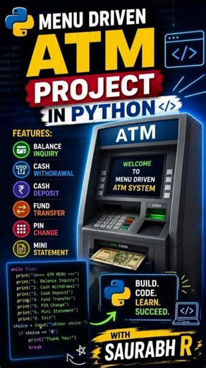 Menu Driven ATM Project in Python from scratch | Beginner Python Project | SaurabhR
