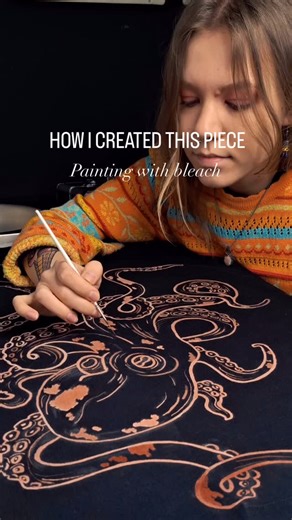 Sharing bleach art & tips ✨️ on Instagram: "Want to learn bleach painting step-by-step (and stop ruining shirts)? ✨ Comment “JOIN” and I’ll send you info about my Bleach Painting Club ✨ Process of painting this shirt 👇 1. Transfer the design with a white chalk pencil by tracing the design on paper, then pressing it onto the fabric. 2. Outline first with undiluted bleach This step sets the structure of the whole piece. Undiluted bleach gives you cleaner edges and more control. 👉 The most import