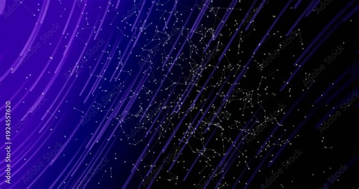 Violet arcs appearing, blue streaks sliding diagonal while nodes reconnecting, showing network flow