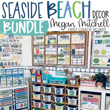 Beach Theme Classroom Decor Calming Seaside Ocean Blues Greens Driftwood BUNDLE