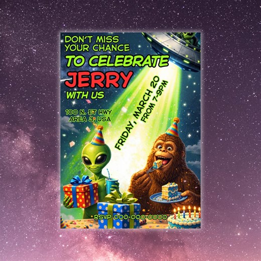 Alien and Bigfoot Birthday Invitation | Birthday Party - Etsy Australia