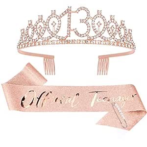 CIEHER 13th Birthday Crown & Sash Set, Rose Gold Tiara, Teen Gifts