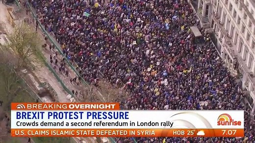 Hundreds of thousands of anti-Brexit protesters have marched through central London demanding a second referendum on leaving the EU. | Sunrise