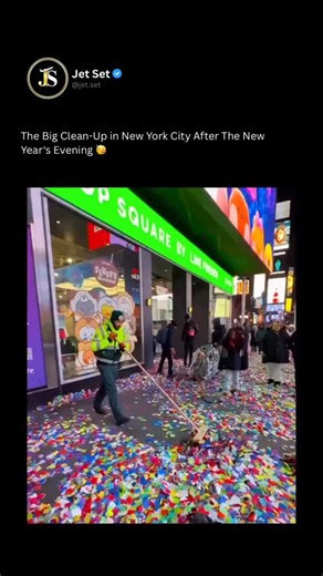 Jet.Set on Instagram: "When the clock strikes midnight in New York City, Times Square doesn’t just celebrate — it disappears under a storm of confetti. More than 3,000 pounds (over one ton) rain down on the crowd in just minutes.⁠ ⁠ As soon as the cheers fade, a different kind of show begins. Cleanup crews move in instantly, sweeping, washing, and restoring the streets with incredible precision. Within a few hours, one of the busiest places on Earth looks nearly spotless again.⁠ ⁠ A powerful rem