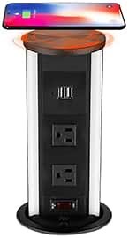 Link2Home Automatic Pop Up with 10W Induction Wireless Charger, 2 Power Outlets 15A, 2 USB Ports 3.4A, Splash Resistant, Black Anodized Finish, for Kitchen Counter Island, Office Table and Workshop