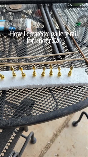 Casey | DIY projects • Affordable home finds on Instagram: "Want to know how I made this beautiful DIY Gallery rail for under $20??? ⬇️ -I grabbed the pieces (I used 1 pack of posts and 1 pack of end posts) depending on your length and space, you can adjust your order. - for the rails I used some wooden skewers I already had to make it easier to cut and keep the cost down, but a wooden dowel rod or the metal option I linked would work too! -I spray painted them black and used rub n buff in Europ