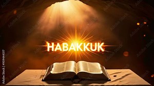 Open Bible in a Cave with Light Shining Through the Opening and "Habakkuk" Written in the Light.