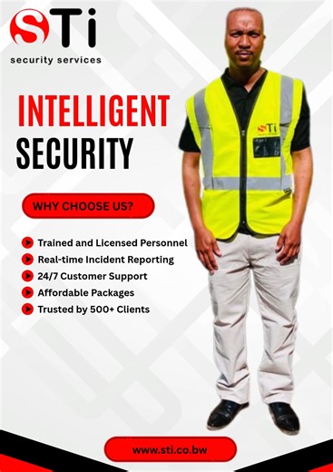 👮‍♂️ 𝗣𝗿𝗼𝗳𝗲𝘀𝘀𝗶𝗼𝗻𝗮𝗹 𝗦𝗲𝗰𝘂𝗿𝗶𝘁𝘆 𝗚𝘂𝗮𝗿𝗱𝘀 𝗬𝗼𝘂 𝗖𝗮𝗻 𝗧𝗿𝘂𝘀𝘁 Real protection comes from real people. STI Security Services provides trained, disciplined, and alert guards who protect your property and people around the clock. 💪 Visible deterrent | 🧠 Professional conduct | 🚨 Fast response 🎁 Includes a FREE risk assessment for your site. 📞 Call 77717070 ... your peace of mind deserves a human touch. | STI Security Botswana