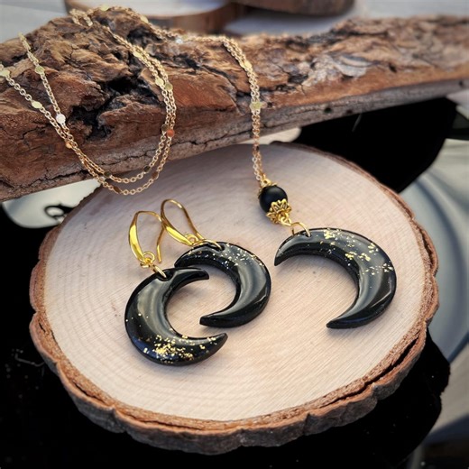 Celestial Moon Jewelry Resin Set - Handcrafted Black and Gold Crescent Necklace and Earrings - Polymer Clay Galaxy Jewelry Women Gift - Etsy