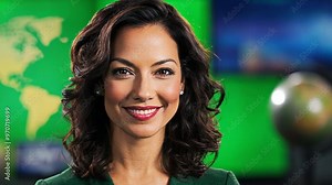 Smiling Hispanic female newscaster in a green studio with world map background, concepts: journalism, news broadcasting