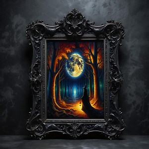 Mystical Witch in Moonlit Forest Halloween Wall Art Dark Fantasy Gothic Oil Paint Style Vibrant Witch Spooky Home Decor Digital Painting - Etsy
