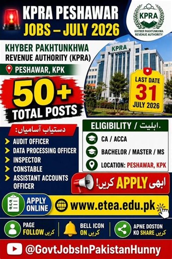 "❗ Peshawar mein KPRA ne 5sarkari jobs — CA / ACCA /Master apply karo! Abhi dekho!"