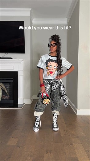Would you wear her outfit? 👀👀 - @novakids @Fashion Nova Betty Boop stripe crop Tee Mini knew I could camo cargo pants #wearingvsstyling #fallfashion #lilraspberrry #cuteoutfits