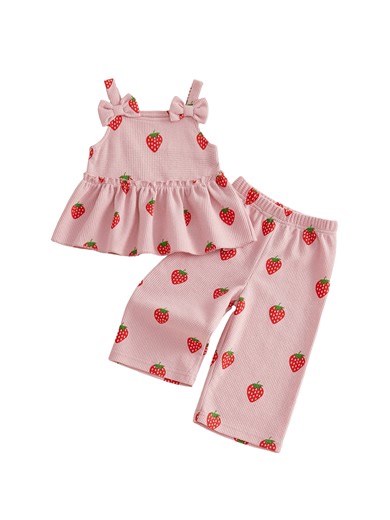 Loicainy Baby Toddler Girls Waffle Pants Sets 3 6 12 18 24 Months 2T 3T Sleeveless Strawberry Print Cami Tank Tops Pants Summer Outfits