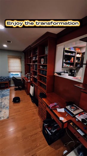 Brito's Painting & Remodeling on Instagram: "Transforming a dated red-stained bookcase into a modern, elegant piece with a beautiful beard brown finish. 🛠️✨ #HomeTransformation #DIYRefinish #FamilyRoomGoals#bookcasemakeover #britospaintingandremodeling"