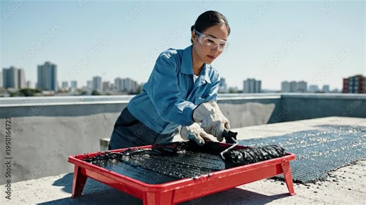 Female construction worker applying waterproofing liquid to a rooftop. Urban building maintenance. Skilled woman in trade