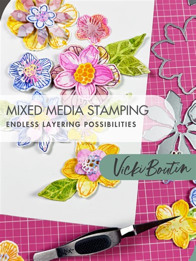 Layer. Cut. Play. 🌸✂️ Vicki Boutin is sharing how she brings florals to life with the Floral Layers #1 Stamp & Framelits Set (667074). Stamp over ink-splattered mixed media panels with the Sizzix Stamp and Stencil Tool, die-cut with ease, then mix and match petals, leaves, and colors to build beautifully layered blooms. One set. Endless combinations. Infinite creative possibilities. ✨ Perfect for cards, journals, tags, and mixed media makes. #Sizzix #VickiBoutin #MixedMedia #PaperCraft #Craft