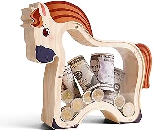 Wooden Brown Horse Piggy Bank for Kids, Unbreakable Pony Coin Bank for Kids with Stickers, Wooden Toddler Money Jar, Birthday Gifts for Boys Girls, Educational Toy for Boys Girls, Home Decor